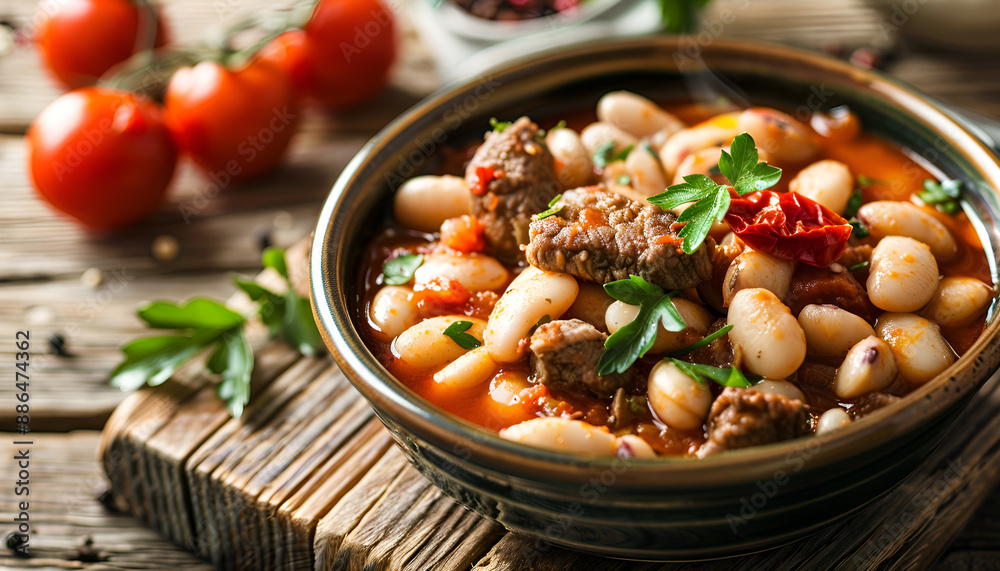 Steamed white beans with meat in tomato sauce on wooden table background Steamed white beans with meat in tomato sauce on wooden table background