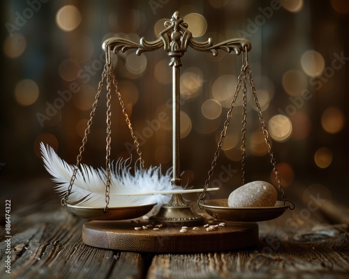 Balanced Justice: Symbolic Scales with Feather and Stone on Dark Wooden Surface in Courtroom Background photo