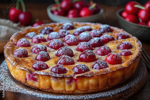 Clafoutis A cherry Clafoutis with a golden, custard-like texture. Served in a rustic baking dish with a dusting of powdered sugar. 