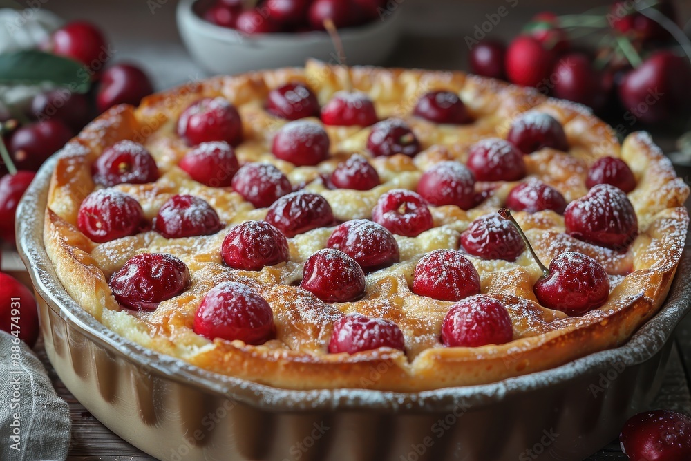 Clafoutis A cherry Clafoutis with a golden, custard-like texture. Served in a rustic baking dish with a dusting of powdered sugar. 