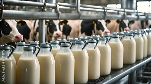 Modern Dairy Farm. Row of Cows Milking Process
