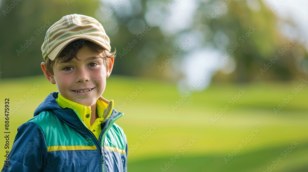 Happy boy at golfing training lesson looking at camera on golf course Happy boy at golfing training lesson looking at camera on golf course