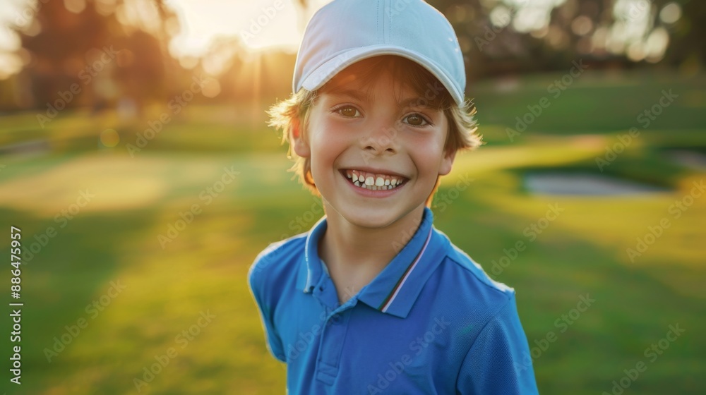 Happy boy at golfing training lesson looking at camera on golf course Happy boy at golfing training lesson looking at camera on golf course