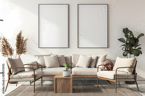 Modern living room with blank frames
