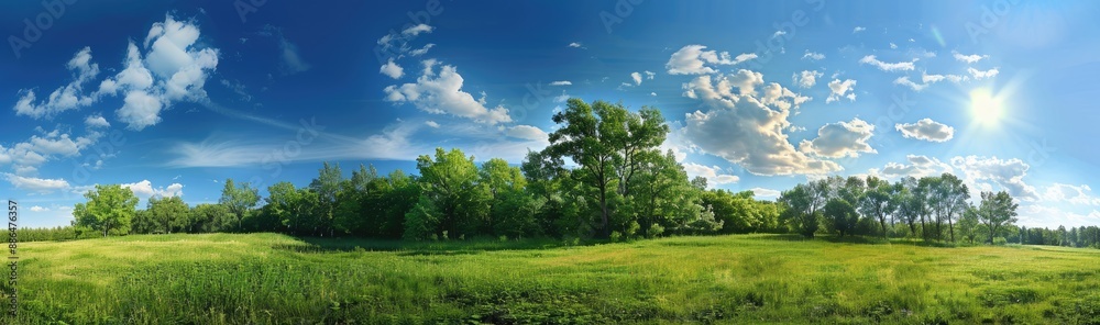 Sunny Meadow with Lush Green Trees and Blue Sky Sunny Meadow with Lush Green Trees and Blue Sky