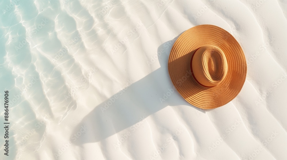A straw hat is laying on the sand next to the water A straw hat is laying on the sand next to the water