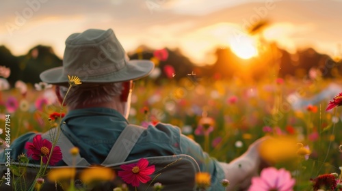 A person wearing a hat sits among colorful flowers in a field, admiring the peaceful outdoor scenery at sunset, embodying tranquility and the beauty of nature at golden hour. photo