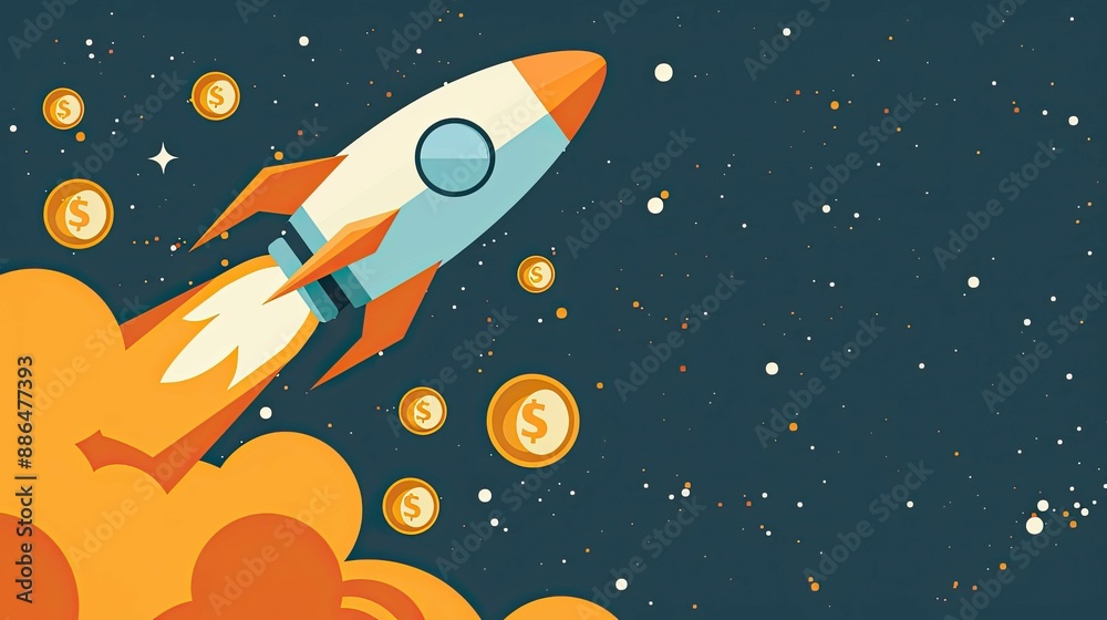 Digital illustration of a rocket ship launching into space with flying golden coins, representing financial growth and success. Digital illustration of a rocket ship launching into space with flying golden coins, representing financial growth and success.