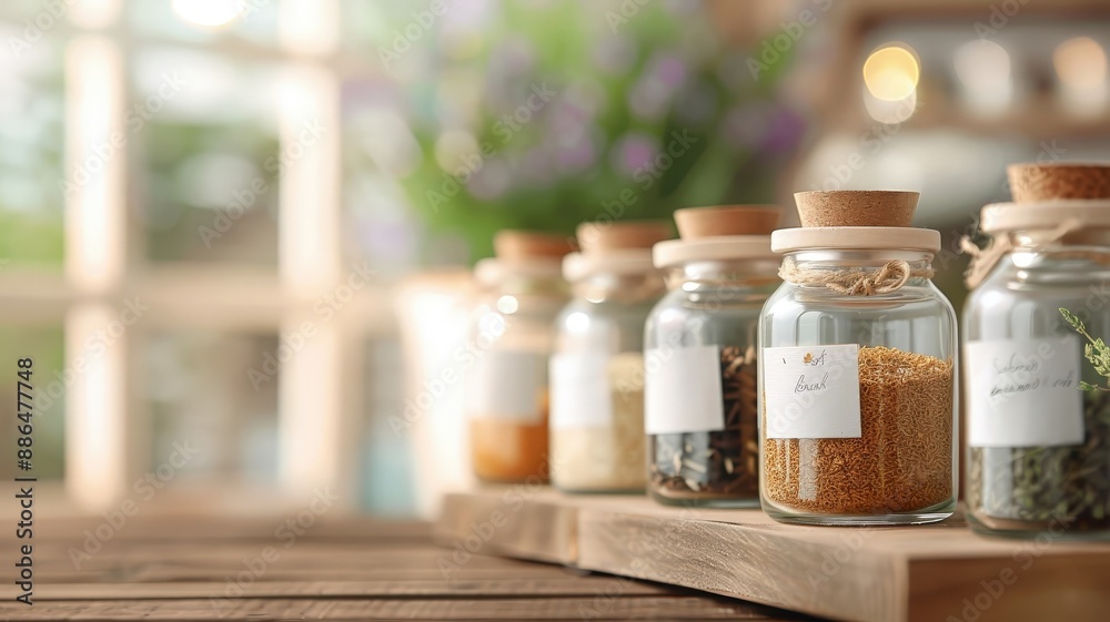 A variety of herbal teas in glass jars on a sunlit rustic wooden table. A variety of herbal teas in glass jars on a sunlit rustic wooden table.