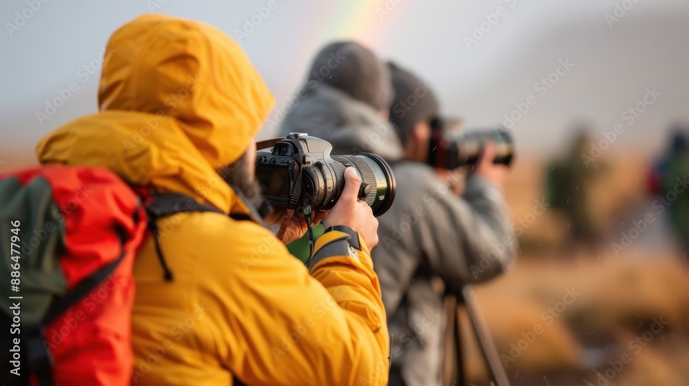 Fototapeta premium Photographers in colorful winter attire and backpacks take scenic photographs in a field during a rainbow, showing their dedication to capturing beautiful moments.