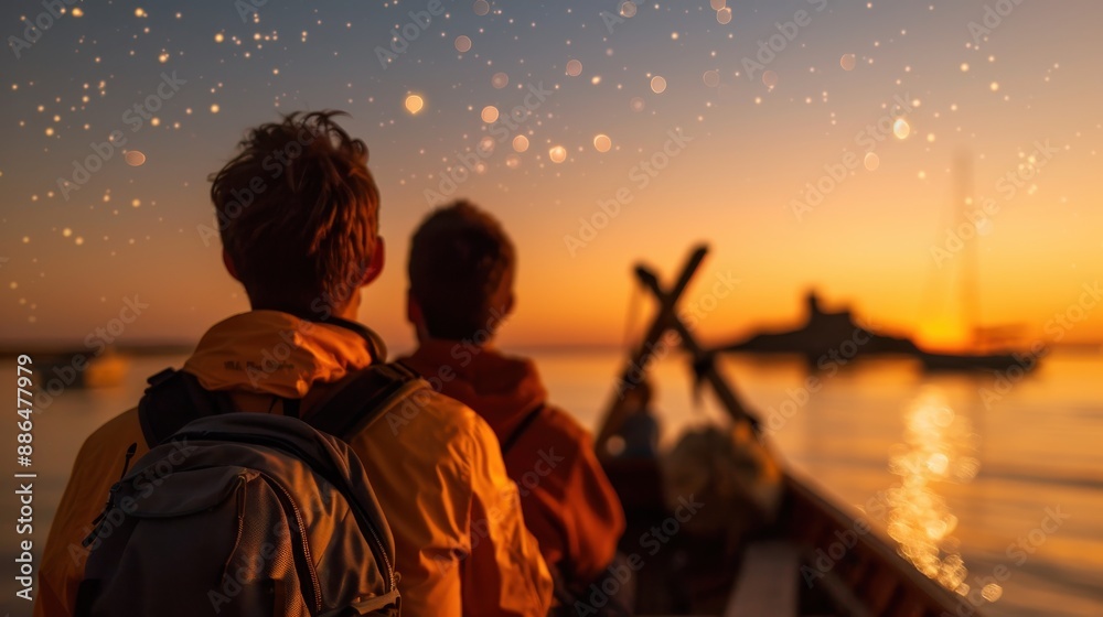 Fototapeta premium Two people enjoying a stunning twilight scene with a boat, silhouetted by the starry sky and glowing horizon, capturing a perfect moment of tranquility and beauty.
