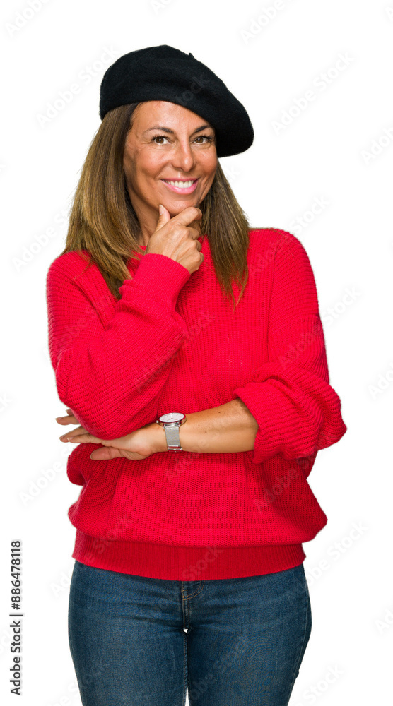 Middle age adult woman wearing fashion beret over isolated background looking confident at the camera with smile with crossed arms and hand raised on chin. Thinking positive. Middle age adult woman wearing fashion beret over isolated background looking confident at the camera with smile with crossed arms and hand raised on chin. Thinking positive.