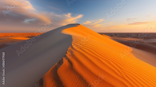 A grand view of a sweeping sand dune adorned with soft shadows as the sun sets, offering a tranquil and picturesque scene that embodies the serene beauty of desert landscapes.