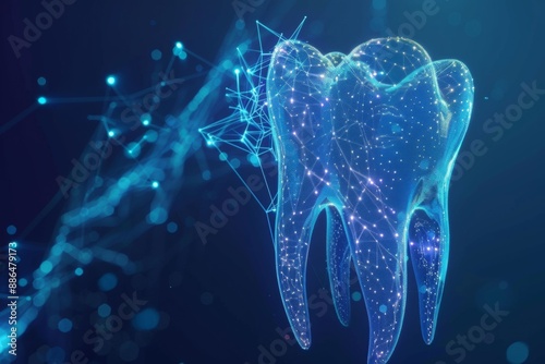3D Hologram Of A Tooth, X-Ray Concept, Isolated On A Dark Blue Wallpaper With Copy Space, Dentistry Clinic Advertise, Dental Care