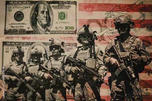 Soldiers on dollar bills, the concept of the defense of the dollar by the American army, dedollarization. photo