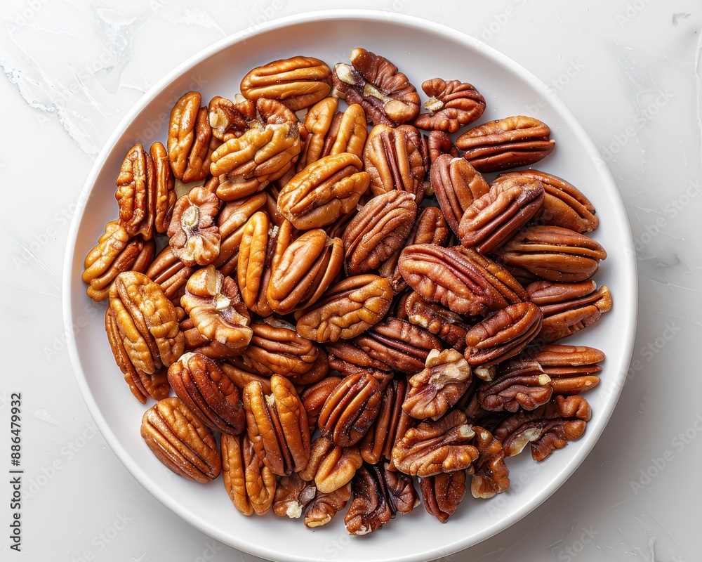 Fresh Pecans on White Plate - Nutty Still Life Composition with Whole and Chopped Nuts, Organic Snack Presentation Fresh Pecans on White Plate - Nutty Still Life Composition with Whole and Chopped Nuts, Organic Snack Presentation