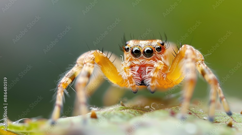 An intricate close-up of a jumping spider showcasing its detailed orange and brown body, multiple eyes, and the fine hairs on its legs, meticulously captured on a leaf. An intricate close-up of a jumping spider showcasing its detailed orange and brown body, multiple eyes, and the fine hairs on its legs, meticulously captured on a leaf.