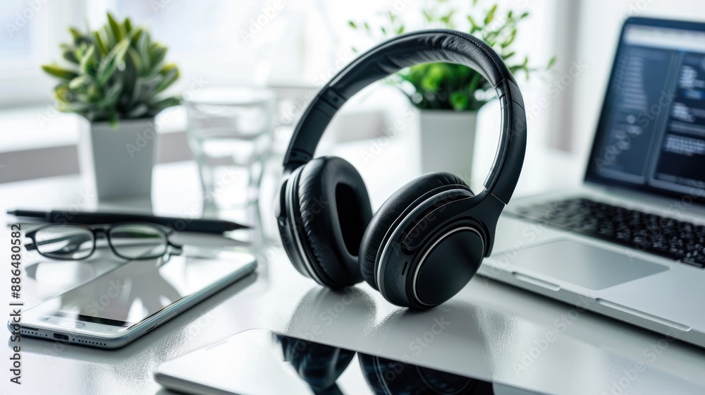 Black Headphones on a White Desk with a Laptop and Phone