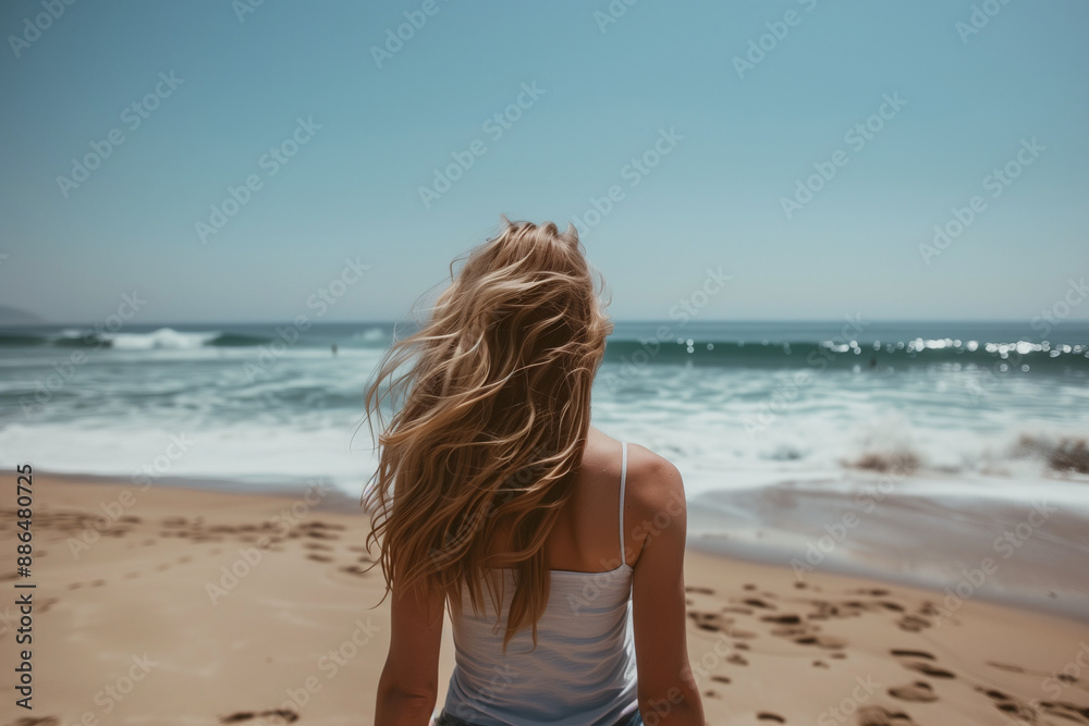 Silhouette of a woman with beautiful blonde hair developing in the wind, on the background of the sea, sand and sky. Silhouette of a woman with beautiful blonde hair developing in the wind, on the background of the sea, sand and sky.