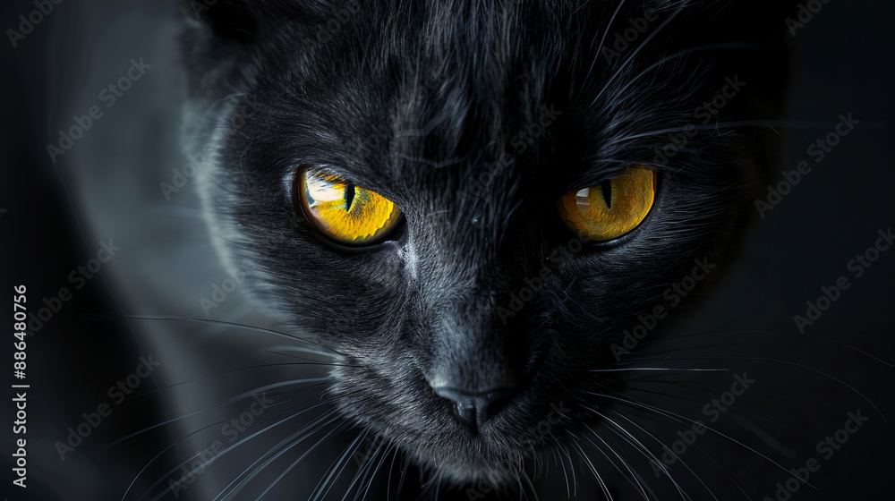 Close-up of black cat's face with yellow eyes on dark background. Pet portrait for design and print, poster, banner. Close-up of black cat's face with yellow eyes on dark background. Pet portrait for design and print, poster, banner.