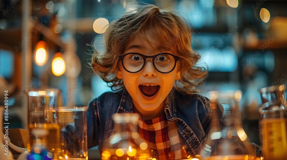 Excited Young Scientist Conducting Whimsical Experiment in Magical Lab Excited Young Scientist Conducting Whimsical Experiment in Magical Lab