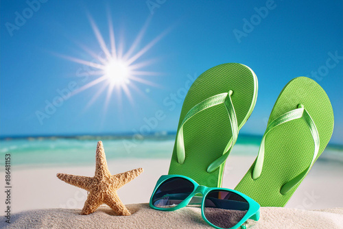 Fondo de playa de verano. Accesorios de playa: gafas de sol, estrella de mar, sandalias verdes, en playa tropical de arena contra el cielo azul en un día soleado brillante photo