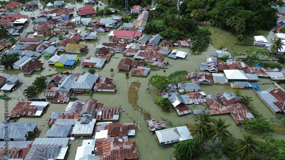 Aerial view of flooded area in Tualango village, Gorontalo, Indonesia Aerial view of flooded area in Tualango village, Gorontalo, Indonesia