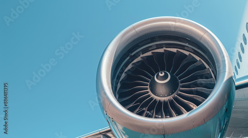 A close-up of an airplane engine with a clear blue sky in the background, highlighting the power and technology of aviation photo