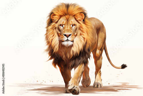 Lion walking. Watercolor style. lion walking forward on a white background with watercolor