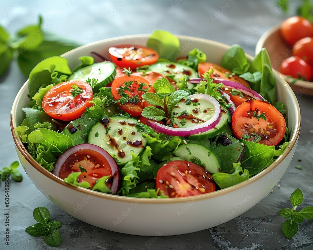 Fresh Garden Salad Still Life in White Ceramic Bowl with Balsamic Vinaigrette Drizzle Fresh Garden Salad Still Life in White Ceramic Bowl with Balsamic Vinaigrette Drizzle