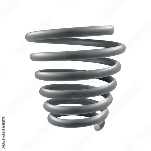 A gray metal spring coiled into a conical shape against a white background