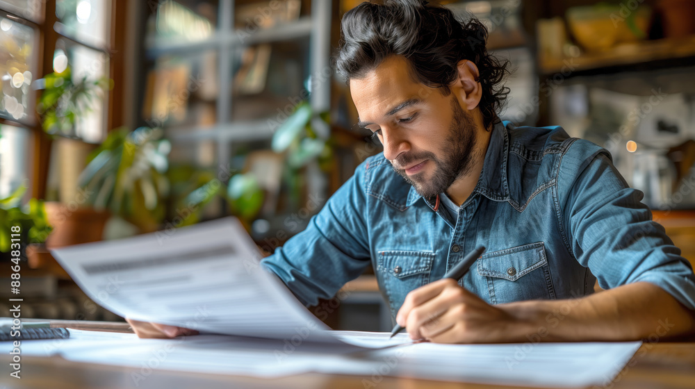 Obraz premium A focused man working on paper at a home office table taking notes from the document he is holding while writing down information onto paper with a pen
