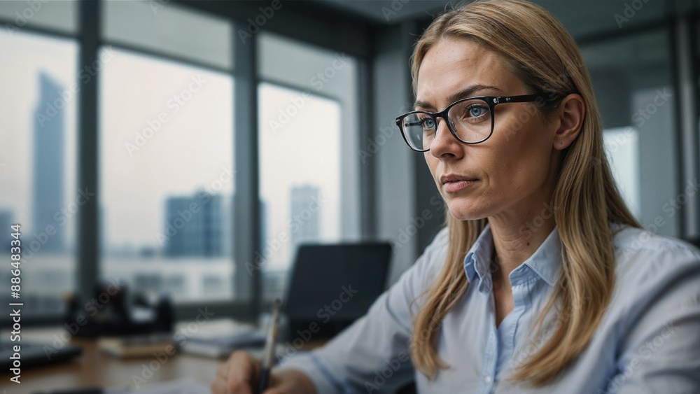 Focused businesswoman in glasses working at modern office desk, young professional concentrating on her task, corporate work and productivity concept Focused businesswoman in glasses working at modern office desk, young professional concentrating on her task, corporate work and productivity concept
