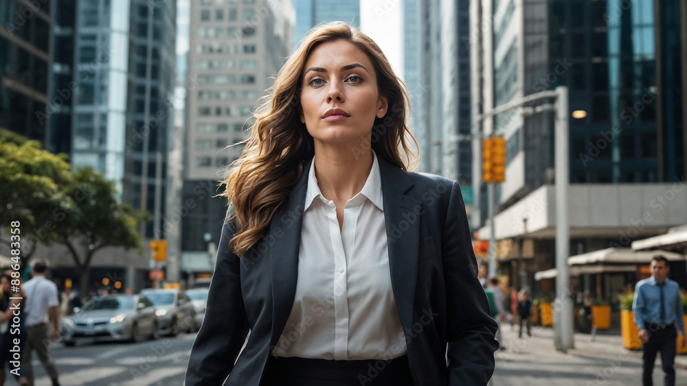 Confident businesswoman walking on busy city street, young professional in suit navigating urban environment, corporate leadership and determination concept Confident businesswoman walking on busy city street, young professional in suit navigating urban environment, corporate leadership and determination concept