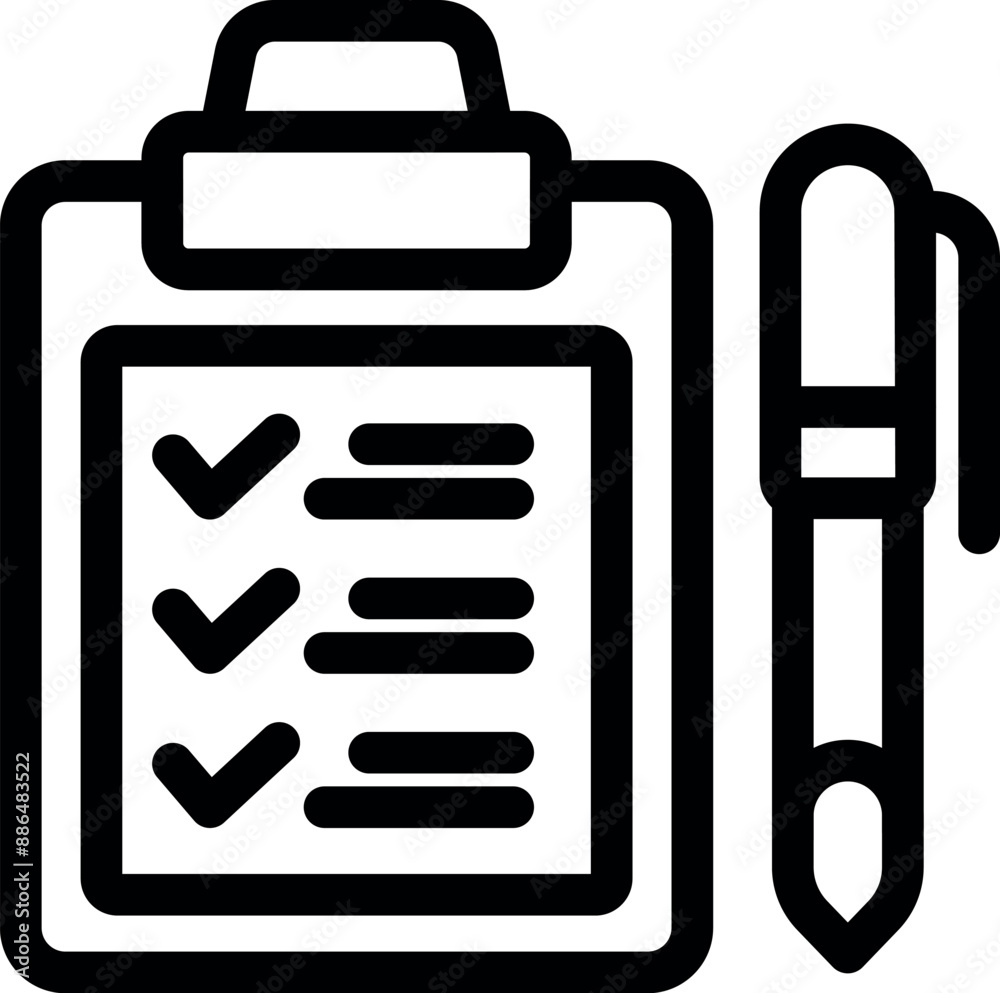 Simple icon of a clipboard with a checklist on it and a pen, great for productivity concepts Simple icon of a clipboard with a checklist on it and a pen, great for productivity concepts