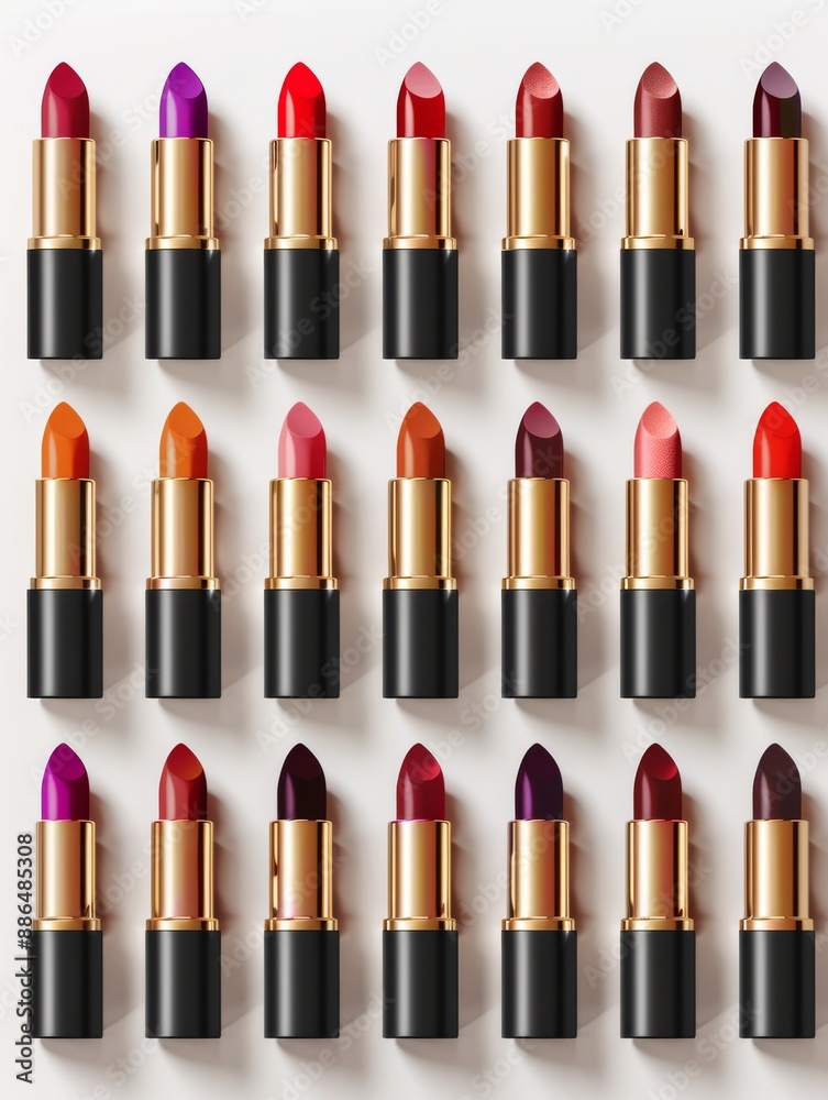 Collection of vibrant lipsticks in various shades, arranged in a neat grid pattern. Perfect for beauty and makeup illustrations. Collection of vibrant lipsticks in various shades, arranged in a neat grid pattern. Perfect for beauty and makeup illustrations.