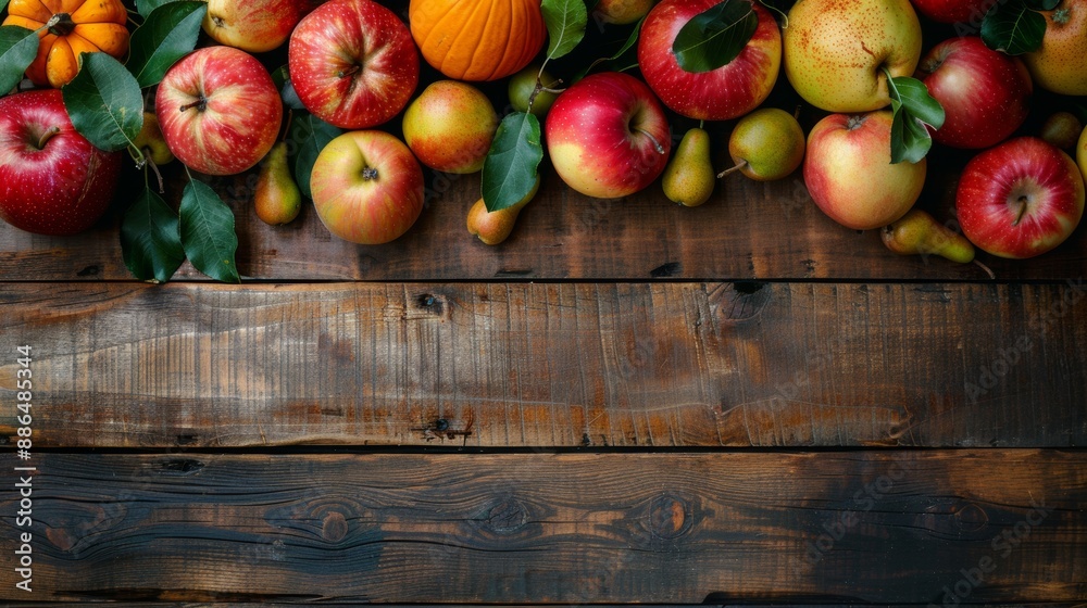 a wooden table displaying a variety of fresh apples, pears, and pumpkins, perfect for an autumn harvest setting ideal for adding text a wooden table displaying a variety of fresh apples, pears, and pumpkins, perfect for an autumn harvest setting ideal for adding text