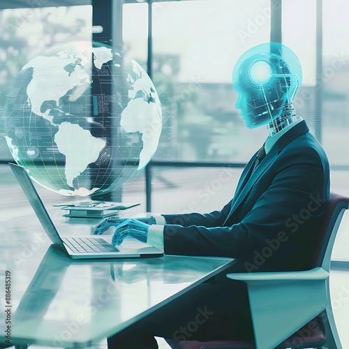 Professional AI Humanoid Analyzing Digital Marketing Data at Modern Desk