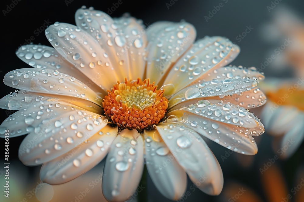 Close-up of a beautiful white daisy adorned with water droplets, showcasing its fresh and vibrant petals against a soft background. Close-up of a beautiful white daisy adorned with water droplets, showcasing its fresh and vibrant petals against a soft background.
