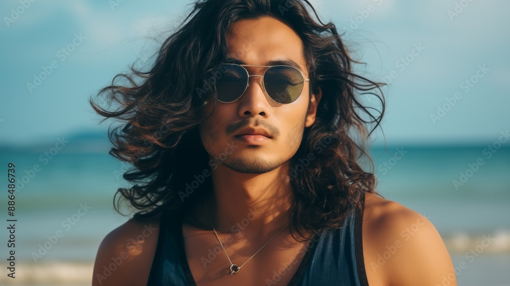 Asian guy with sunglasses enjoys day at beach portrait image. Relaxed wavy hair man wearing navy tank top picture photorealistic photography. Vacation summer concept photo realistic Asian guy with sunglasses enjoys day at beach portrait image. Relaxed wavy hair man wearing navy tank top picture photorealistic photography. Vacation summer concept photo realistic