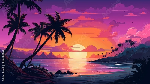 Fototapeta Naklejka Na Ścianę i Meble -  Stunning synthwave tropical sunset beach landscape 2D illustration. Palm trees, sky with vibrant hues flat cartoon image colorful scene. Picturesque and serene coastal wallpaper art