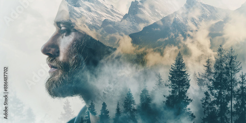 Double exposure combines a man's face, mountains and forest, Concept of nature and man working together.
