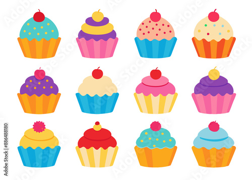 A variety of cupcakes, each decorated with different frosting and toppings, are arranged in a grid