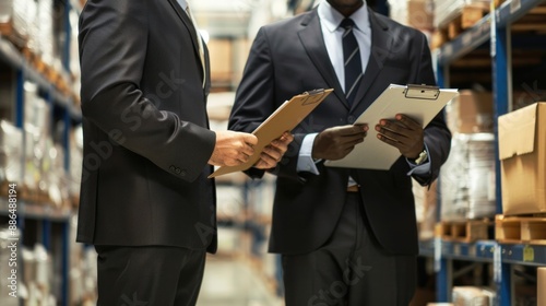 Two Businessmen Reviewing Inventory in Warehouse