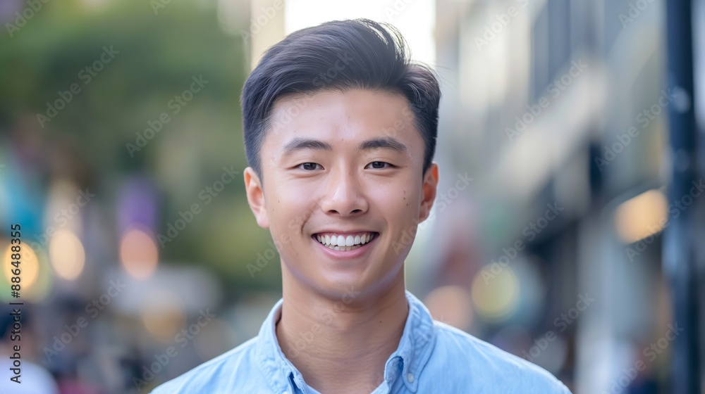 Smiling Young Chinese Man in Urban Setting for Social Media, Digital Design, or Promotional Material Smiling Young Chinese Man in Urban Setting for Social Media, Digital Design, or Promotional Material