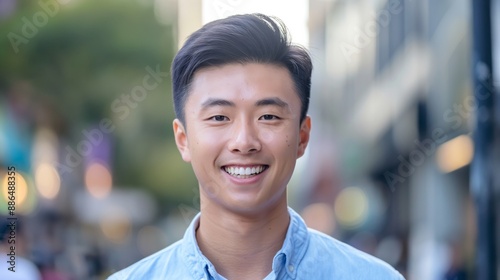 Smiling Young Chinese Man in Urban Setting for Social Media, Digital Design, or Promotional Material