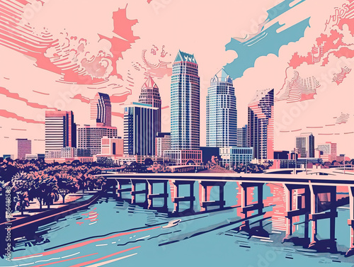 Risograph riso print travel poster, card, wallpaper or banner illustration, modern, isolated, clear, simple of Tampa, Florida, USA. Artistic, screen printing, stencil