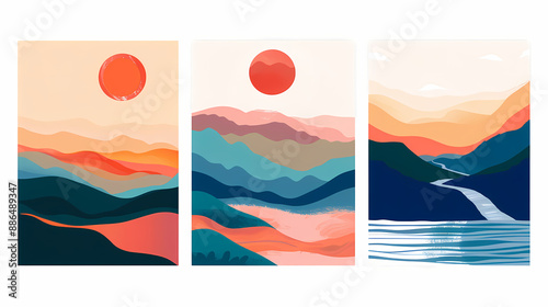 Abstract coloful landscape poster collection. Set of contemporary art print templates. Nature backgrounds for your social media. Sun and moon, sea, mountains, ocean, river bundle