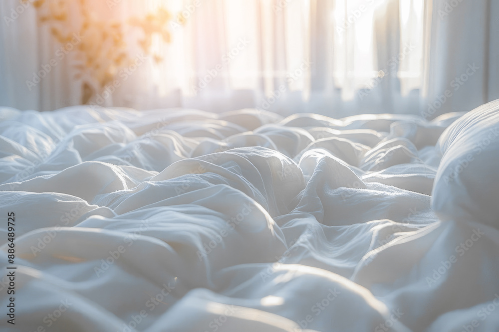 Fototapeta premium A bed with white sheets and a window in the background.