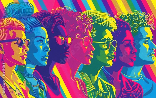 Pop art illustration depicting the pride day and the LGBT community with diverse people. Ai generative photo